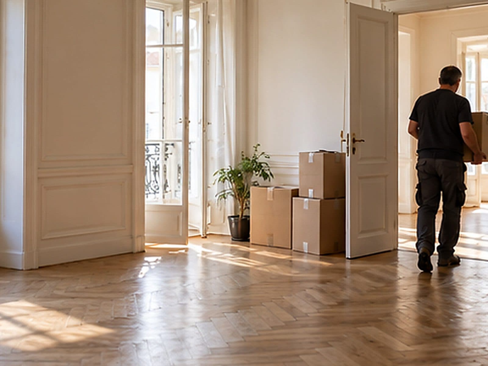 Pièce vidée et balayée, cartons prêts à partir