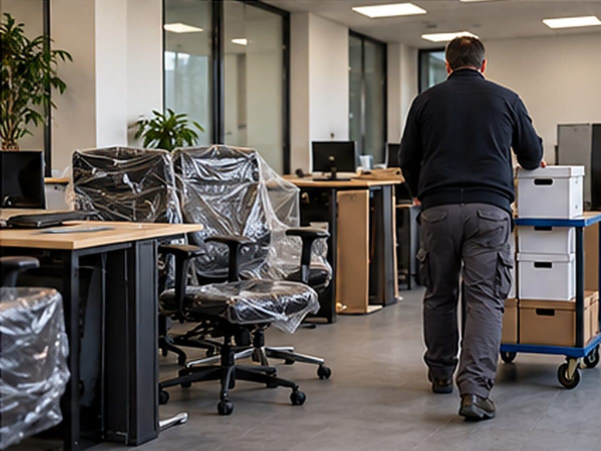 Bureaux vidés, fauteuils emballés et cartons d'archives sur chariot
